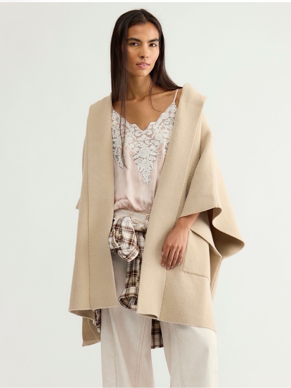 Free People Hooded Cape Poncho Cardigan in Sand One Size